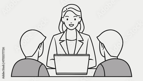 Woman in suit with laptop talking to two men at table vector