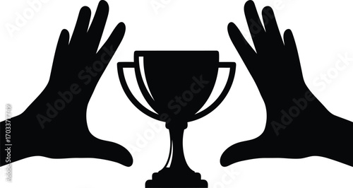 Two hands reaching out to a trophy, symbolizing achievement, victory, and competition, isolated on transparent background