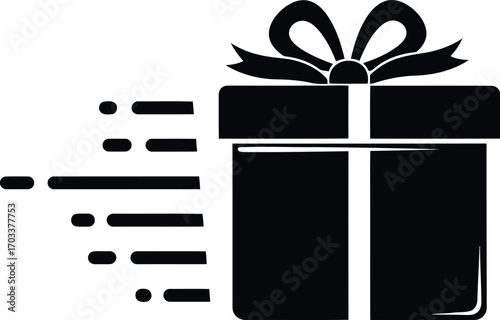 Black silhouette of a gift box with a ribbon and bow, with motion lines indicating speed, isolated on transparent background