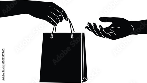 A hand giving a shopping bag to another hand, representing commerce, retail, and exchange, isolated on transparent background