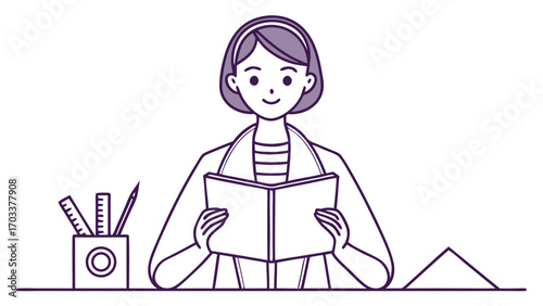 Woman reading book at desk with pen holder ruler vector