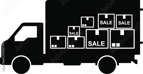 Delivery truck with boxes labeled sale, isolated on transparent background