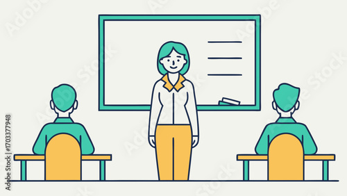 Woman teacher instructing two students at desks in classroom education