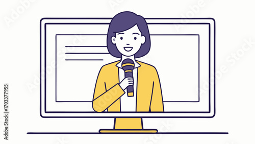 Woman speaking into microphone computer screen with horizontal lines female talking