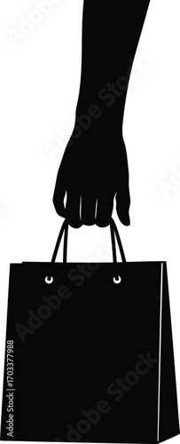 Silhouette of a hand holding a shopping bag, isolated on transparent background