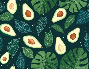 Acrylglasbilder Küchenmuster Avocado mit Tropenblättern Muster  © Manar