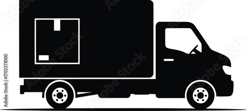 Black silhouette of a delivery truck with a box inside, isolated on transparent background