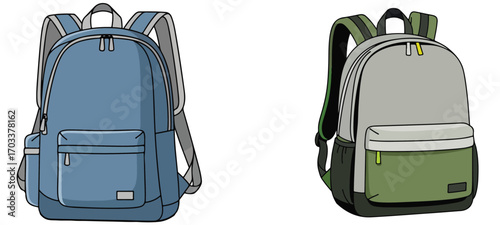 Two backpacks displayed side by side one blue and one gray and green against a white background