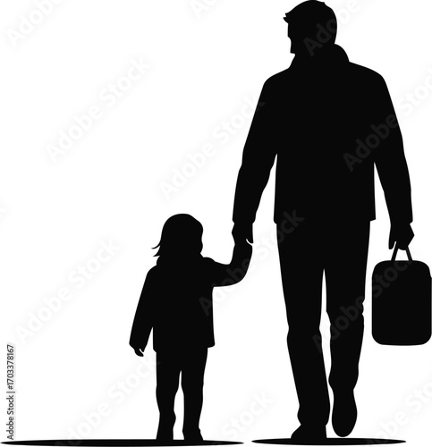Silhouette of a father holding his childs hand and carrying a bag, isolated on transparent background