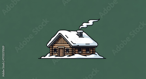 Charming winter scene featuring a small log cabin covered in a blanket of snow with smoke curling from its chimney