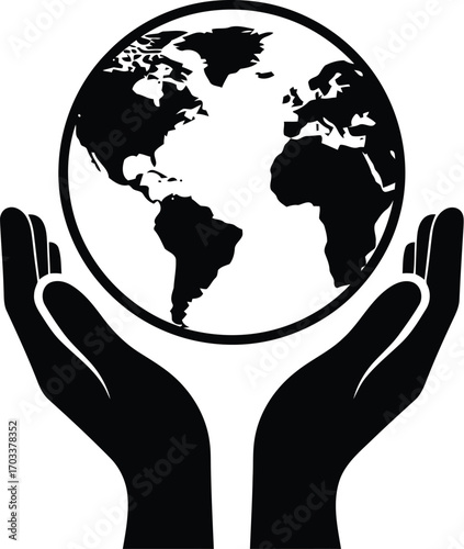 Black silhouette of hands holding the earth, isolated on transparent background