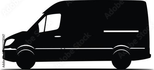 Black silhouette of a modern cargo van isolated on transparent background, representing logistics and transportation services