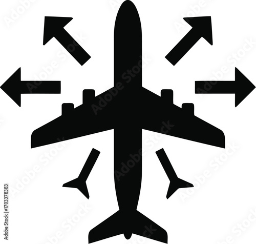 Airplane icon with arrows pointing in multiple directions, representing travel, aviation, and global connectivity, isolated on transparent background