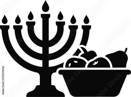 Silhouette of a menorah next to a bowl of fruit, isolated on transparent background