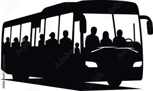 Black silhouette of a bus filled with passengers, isolated on transparent background