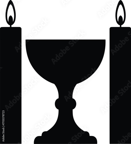 Black silhouette of a chalice with two lit candles on a transparent background