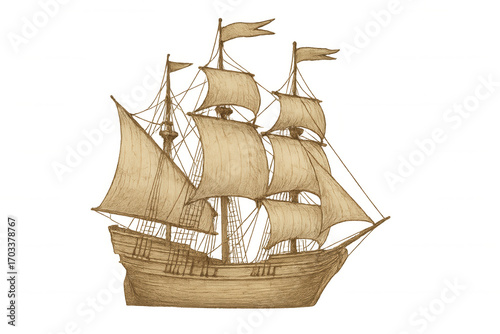 Sepia-toned illustration of a caravel, a small, highly maneuverable sailing ship used by the portuguese and spanish for exploration during the age of discovery