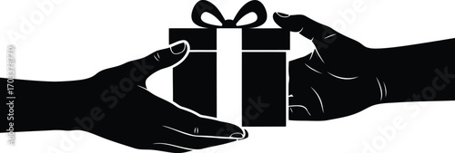 Silhouette of two hands exchanging a gift box with a ribbon, isolated on transparent background