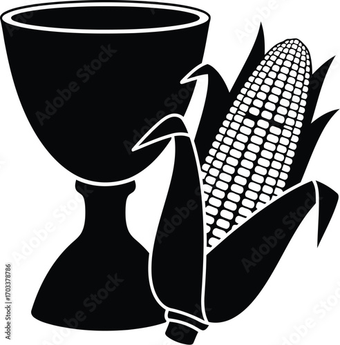 Black silhouette of a chalice and an ear of corn, isolated on transparent background