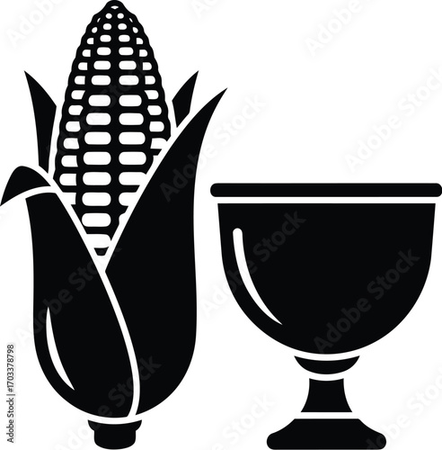 Black and white icon of a corn cob next to a chalice, isolated on transparent background