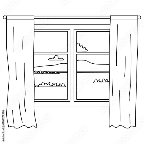 glass window with curtains on a landscape background. Outside the window there are branches of a tree with leaves. Vector illustration