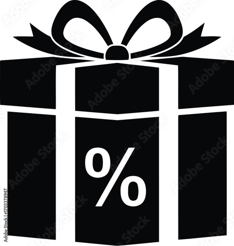 Black silhouette of a gift box with a percentage sign on it, isolated on transparent background