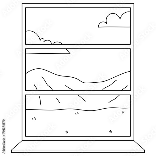 glass window with curtains on a landscape background. Outside the window there are branches of a tree with leaves. Vector illustration