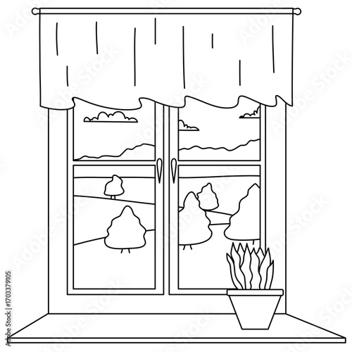 glass window with curtains on a landscape background. Outside the window there are branches of a tree with leaves. Vector illustration