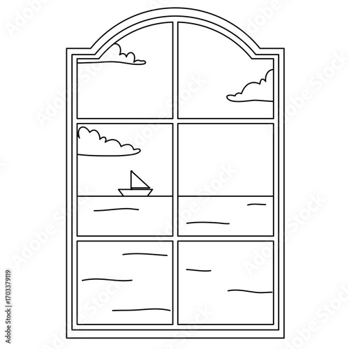 glass window with curtains on a landscape background. Outside the window there are branches of a tree with leaves. Vector illustration