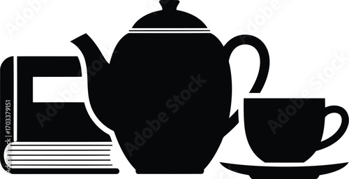 Silhouette of a book next to a teapot and a cup on a saucer, representing a break for reading and tea, isolated on transparent background