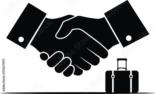 Black and white icon representing a business handshake with a briefcase, symbolizing agreement and partnership, isolated on transparent background