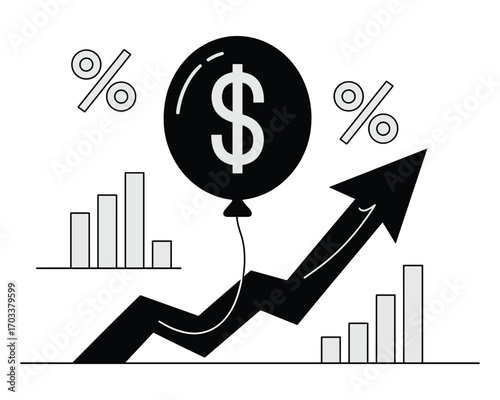 Hand drawn illustration of a rising arrow symbolizing financial growth and a balloon with a dollar sign representing economic prosperity