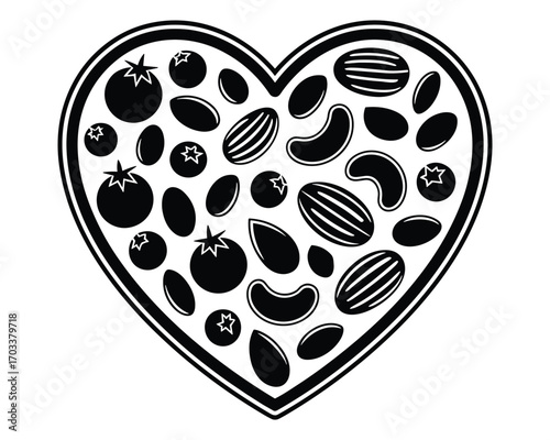 Heart shaped silhouette filled with various healthy food items like fruits nuts and seeds