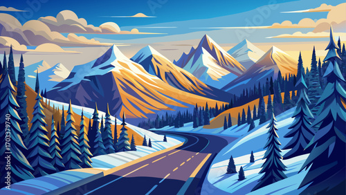 Panoramic view of scenic drive in San Juan Mountains Colorado, snow-covered pines, frosted peaks, and tranquil valleys, soft winter light reflecting on winding roads, a serene wonderland of quiet moun
