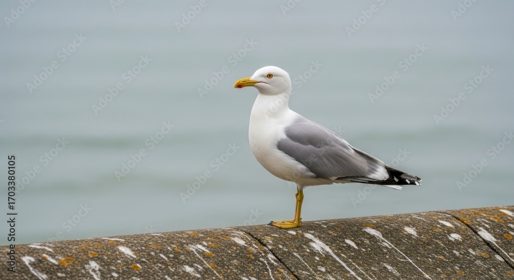 Obraz premium Coastal Sentinel: A Sharp Profile of a Seagull on a Weathered Seawall