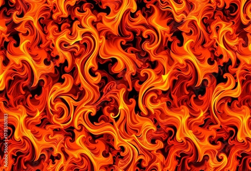Intricate, fiery orange and yellow flames seamlessly repeating in a swirling, abstract pattern,  seamless fire, fire