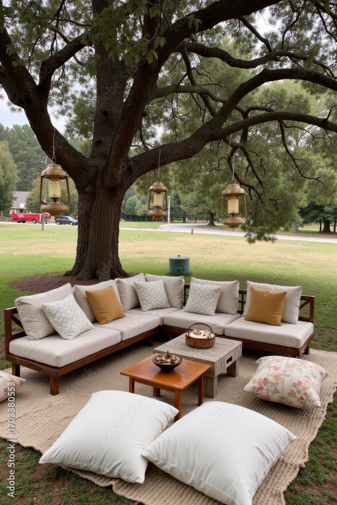 Fototapeta premium A cozy wedding lounge area with soft cushions and low tables is set under a large tree. Lanterns hang from branches, and guests relax on rugs and blankets