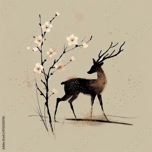 Artistic composition featuring a deer silhouette framed by blooming branches and subtle floral elements on a gentle backdrop