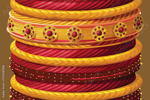 Close Up Of Ornate Red And Gold Bangles With Gemstones bracelets detailed