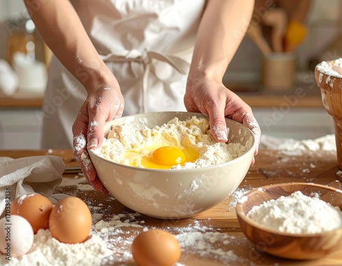 A bowl of flour with cracked eggs in the center, held by flour-dusted hands