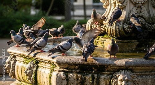 Fototapeta Naklejka Na Ścianę i Meble -  Flock of city pigeons bathing and drinking from an old ornate stone fountain in a park.