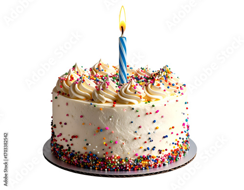 Angled Side View of First Birthday Cake with Sprinkles and Candle, Isolated
