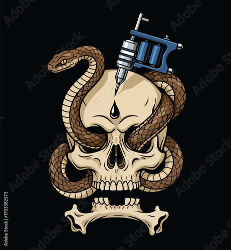 Tattoo Studio Art Concept Featuring a Skull, a Coiled Snake, and a Tattoo Machine Inking a Third Eye