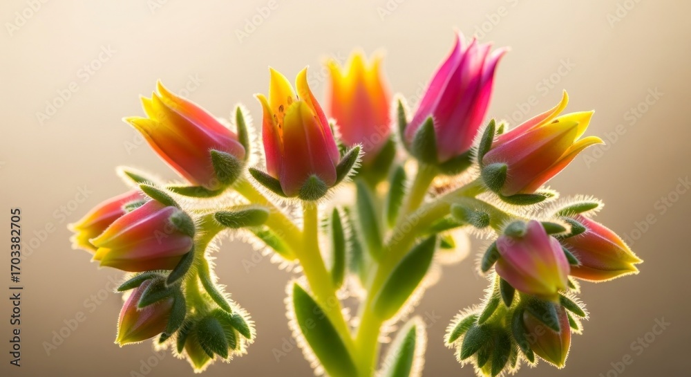Fototapeta premium Close-up view of vibrant, colorful succulent flower buds in various shades of pink, orange, and yellow, showcasing intricate details and delicate textures against a soft, muted background.