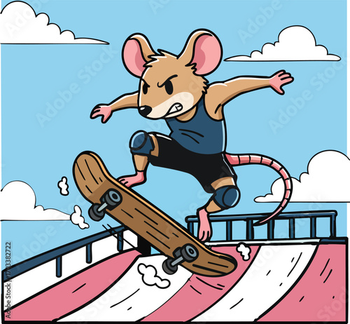 Cool Cartoon Mouse Character in a Tank Top and Knee Pads Performing a Trick on a Skateboard at a Skatepark