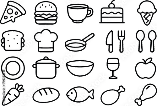Food icons vector illustration set of different food items like burger pizza cake and cooking utensils