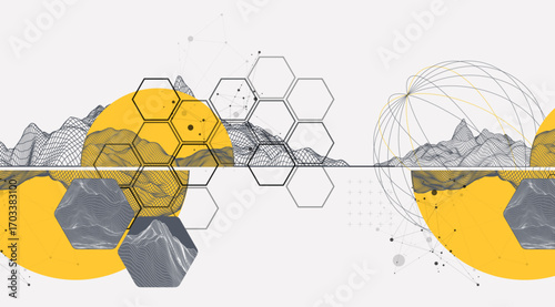 Abstract wireframe background. Modern science or technology art elements. Surface illustration inside circles