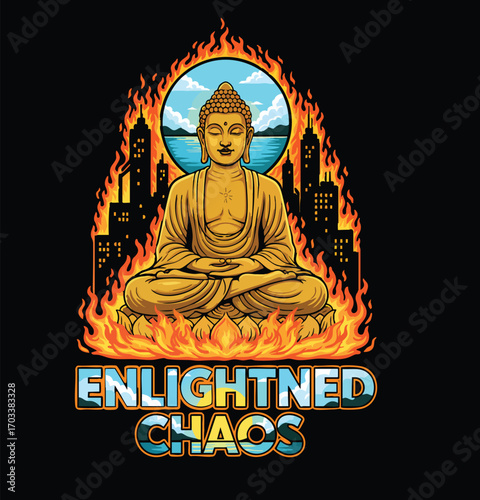 Spiritual Illustration of Meditating Buddha in Flames Against a Modern Cityscape, a Concept of Enlightened Chaos