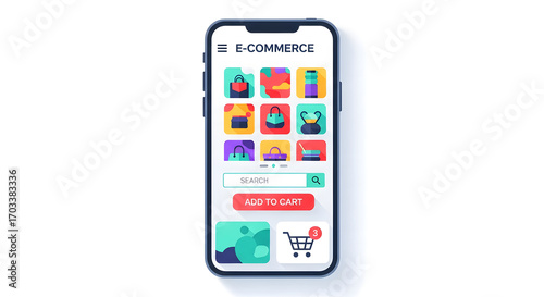 Vector illustration of a smartphone displaying a mobile e-commerce application interface for online shopping, with product icons and an add to cart button