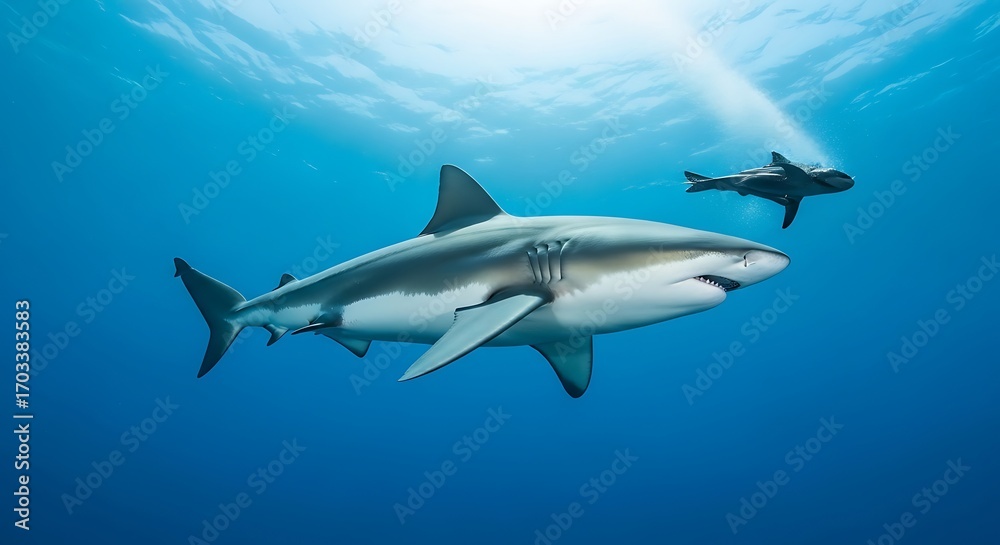 Fototapeta premium Ocean Predator - A Great White Shark and Remora Fish.